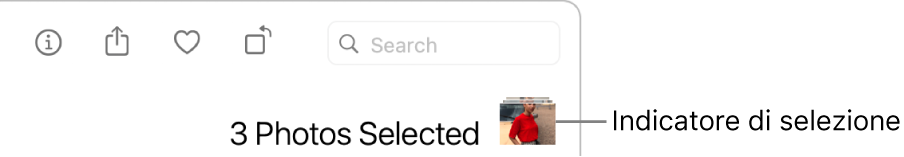 Un indicatore di selezione con tre foto selezionate.