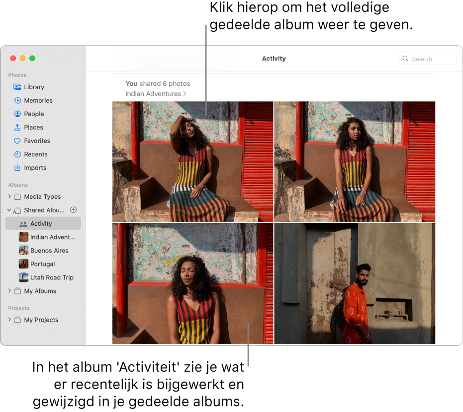 Het Foto's-venster met 'Activiteit' geselecteerd in de navigatiekolom en het album 'Activiteit' aan de rechterkant.