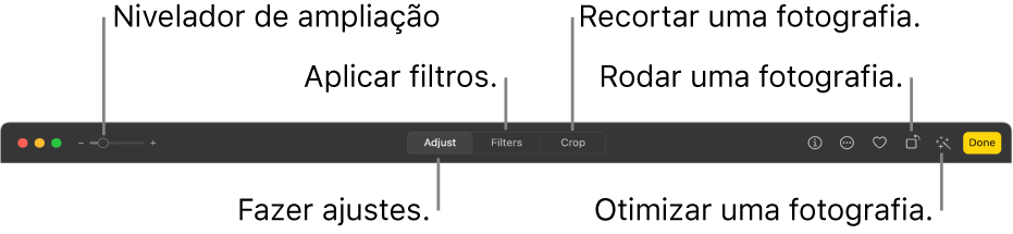 A barra de ferramentas Editar mostrando um controle deslizante de Zoom e botões para fazer ajustes, adicionar filtros, recortar fotos, girar fotos e aprimorar fotos.