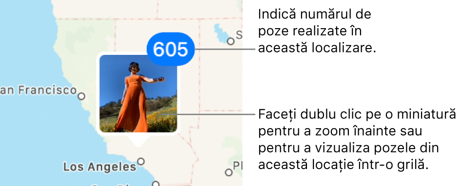 Miniatura unei poze pe hartă, cu un număr în colțul din dreapta sus indicând numărul de poze realizate în locul respectiv.