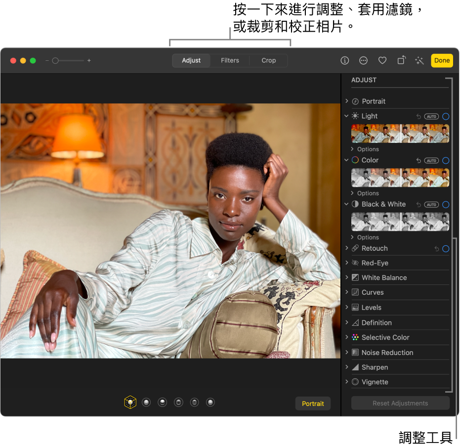 使用編輯顯示方式的相片，已在工具列中選取「調整」，右邊有調整工具。