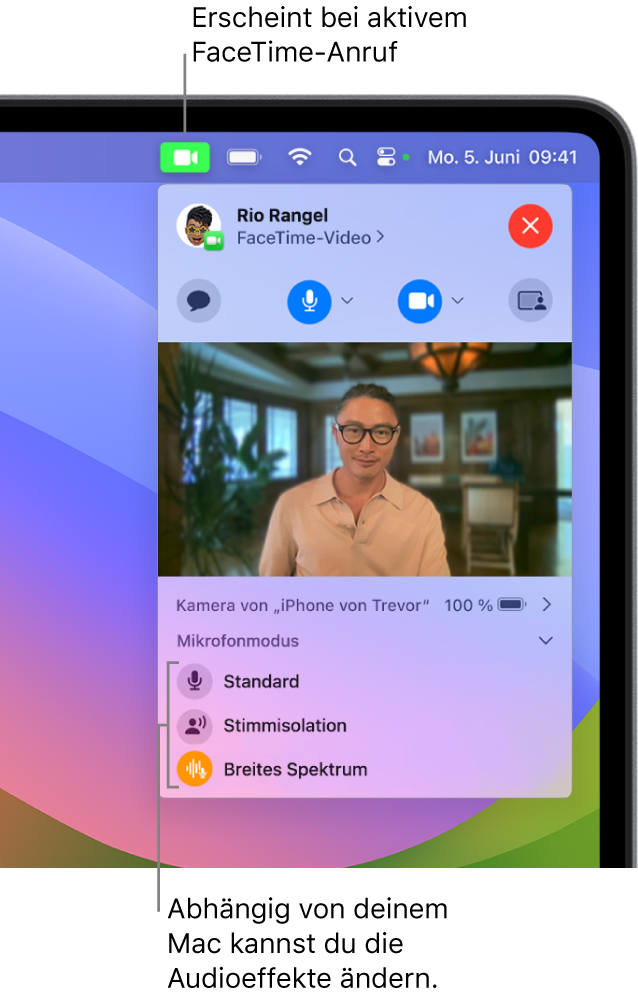 Das Kontrollzentrum rechts oben auf dem Mac-Bildschirm zeigt die Taste „Video“ (die erscheint, wenn du in einem FaceTime-Anruf bist) und die Optionen des Mikrofonmodus (die abhängig von deinem Mac die Audioeffekte ändern).
