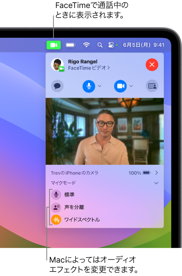 Macの画面の右上隅にあるコントロールセンター。「ビデオ」ボタン（FaceTime通話中に表示されます）や、「マイクモード」オプション（お使いのMacに応じて、オーディオエフェクトを変更します）が表示されています。