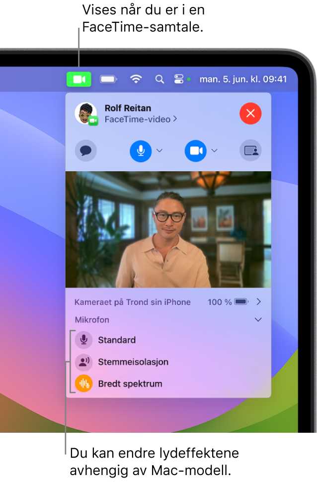 Kontrollsenter, øverst til høyre på Mac-skjermen, som viser Video-knappen (som vises når du er i en FaceTime-samtale) og valg for Videoeffekter og Mikrofonmodus (som endrer videoen eller lydeffektene, avhengig av Macen).