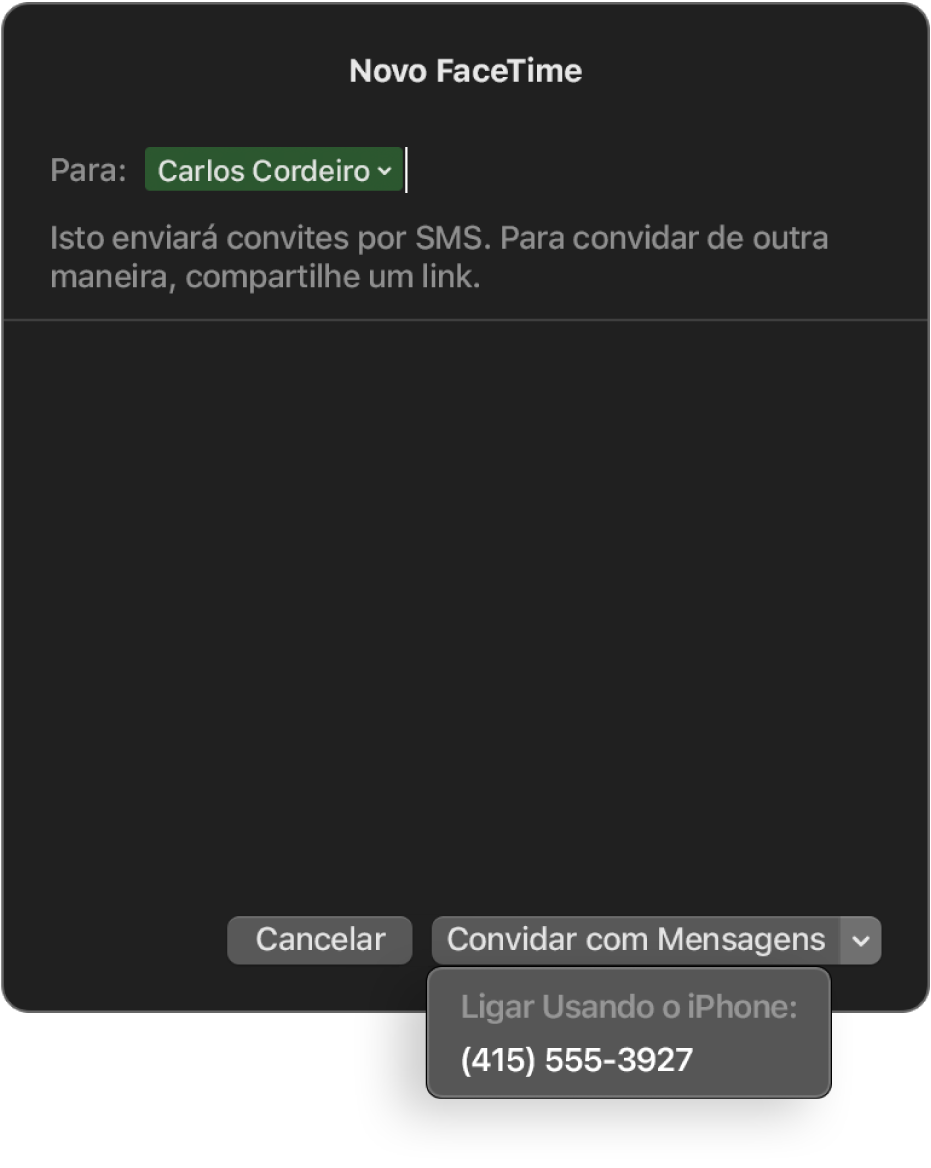 Janela Novo FaceTime com o nome de uma pessoa no campo Para. A janela pop-up na parte inferior diz para convidar com o app Mensagens (enviar um SMS) ou ligar com o iPhone.