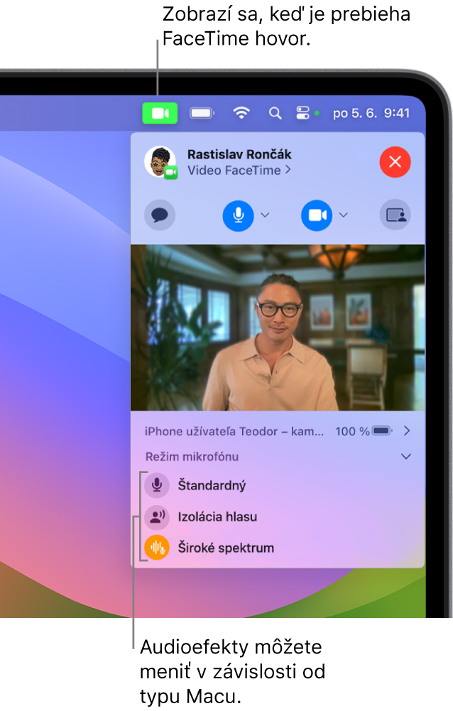 Ovládacie centrum v pravom hornom rohu obrazovky Macu zobrazujúce tlačidlo Video (zobrazuje sa, keď sa účastníte FaceTime hovoru) a možnosti režimu mikrofónu (ktoré zmenia audioefekty v závislosti od vášho Macu).