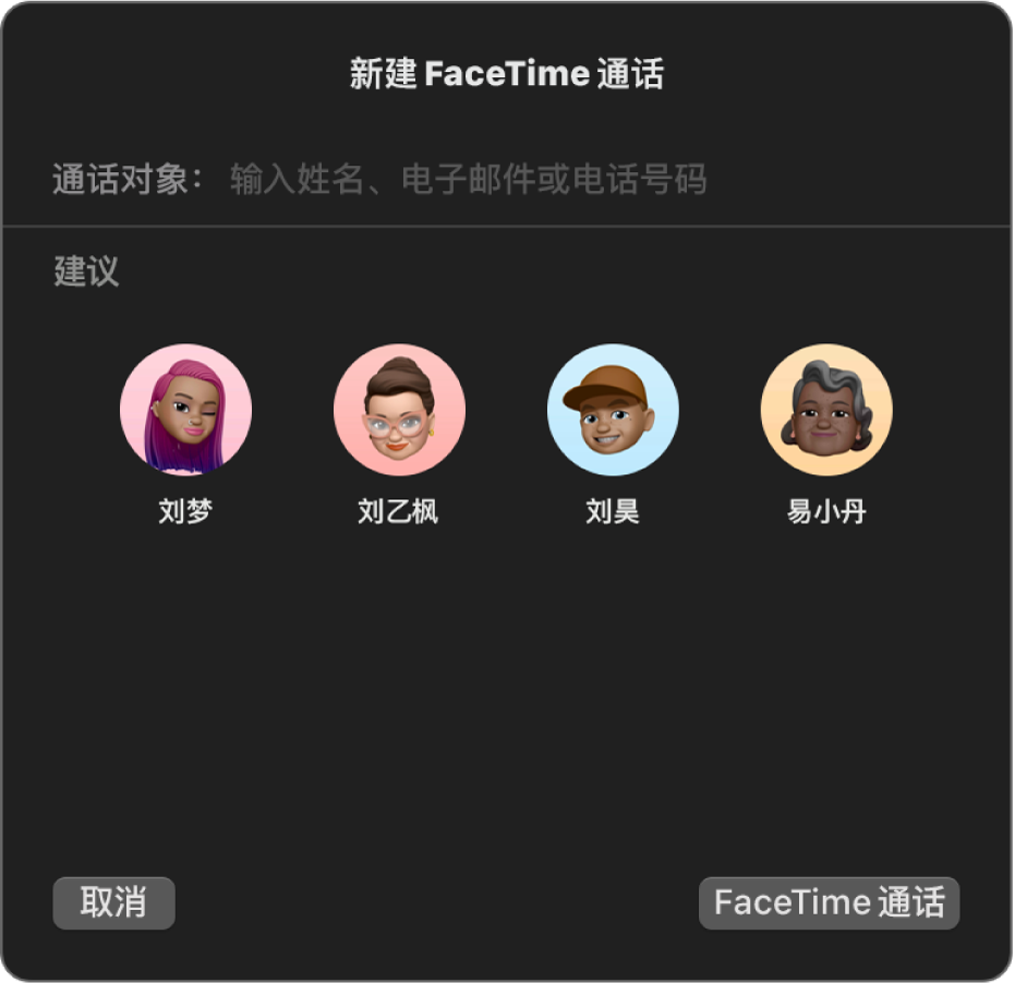 “新建 FaceTime 通话”窗口，直接在“通话对象”栏中输入通话者或从“建议”选取。