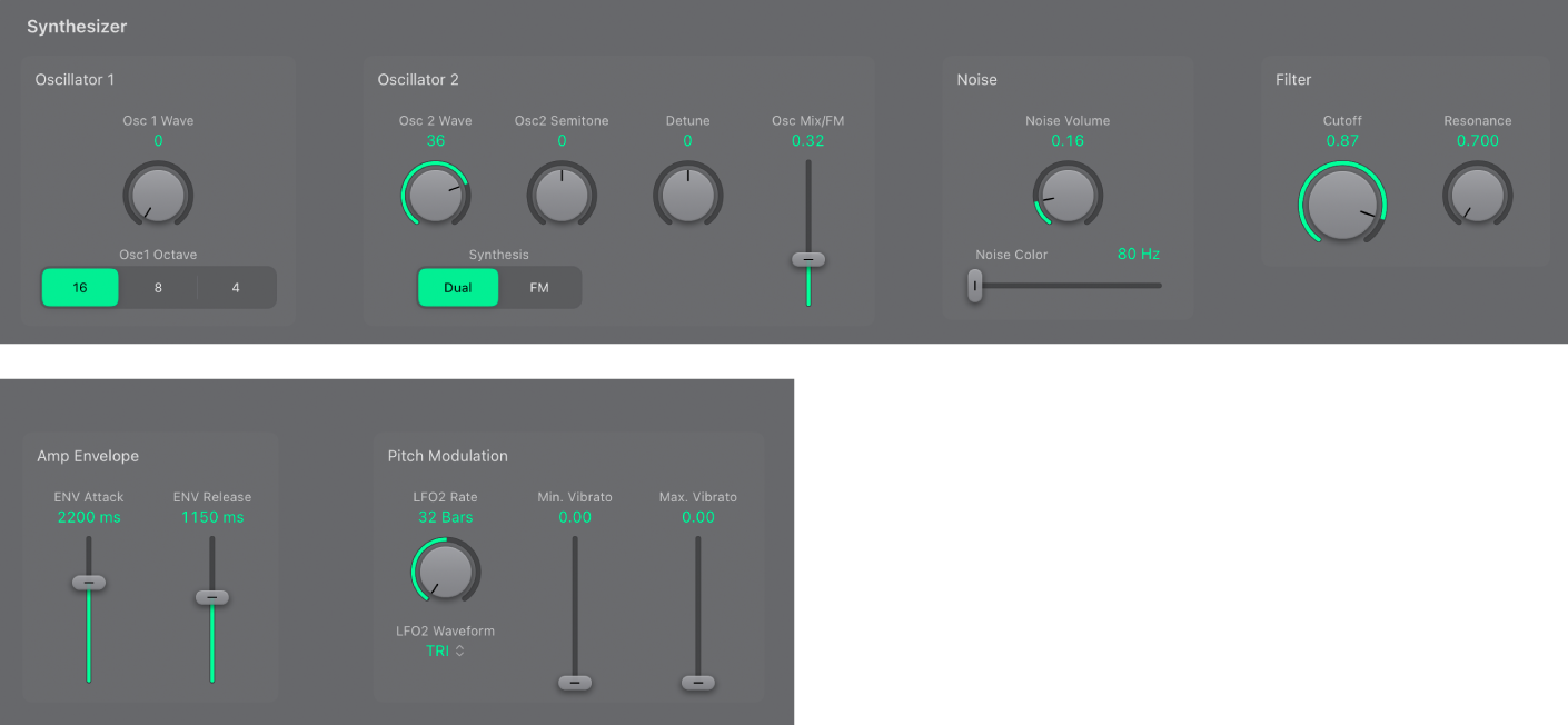 Figure. EVOC 20 PS Oscillator parameters, showing Pitch Modulation controls.