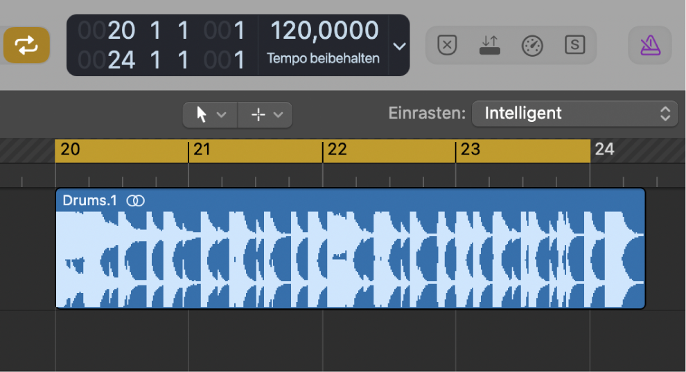 Abbildung. Bereich „Spuren“ mit Anzeige eines Locator-Bereichs, der etwas kürzer als die Audioregion ist