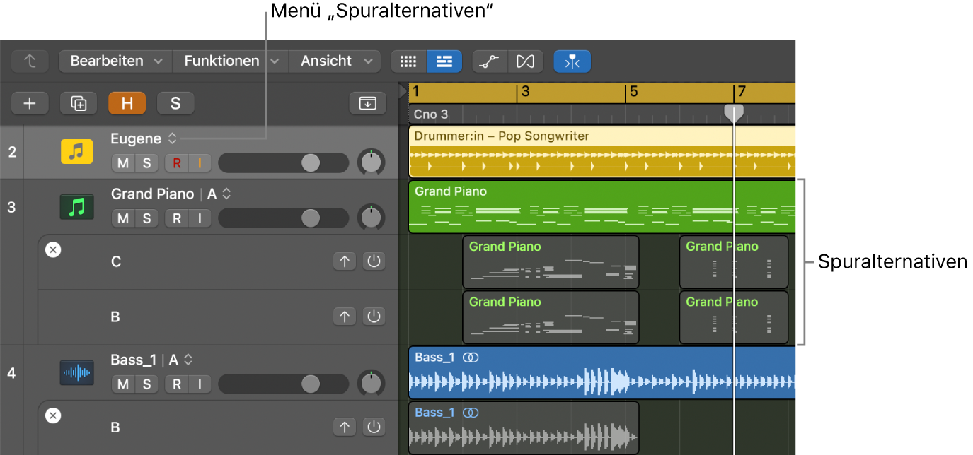 Abbildung. Bereich „Spuren“ mit mehreren Spuralternativen und dem Menü „Spuralternativen“ in den Spur-Headern