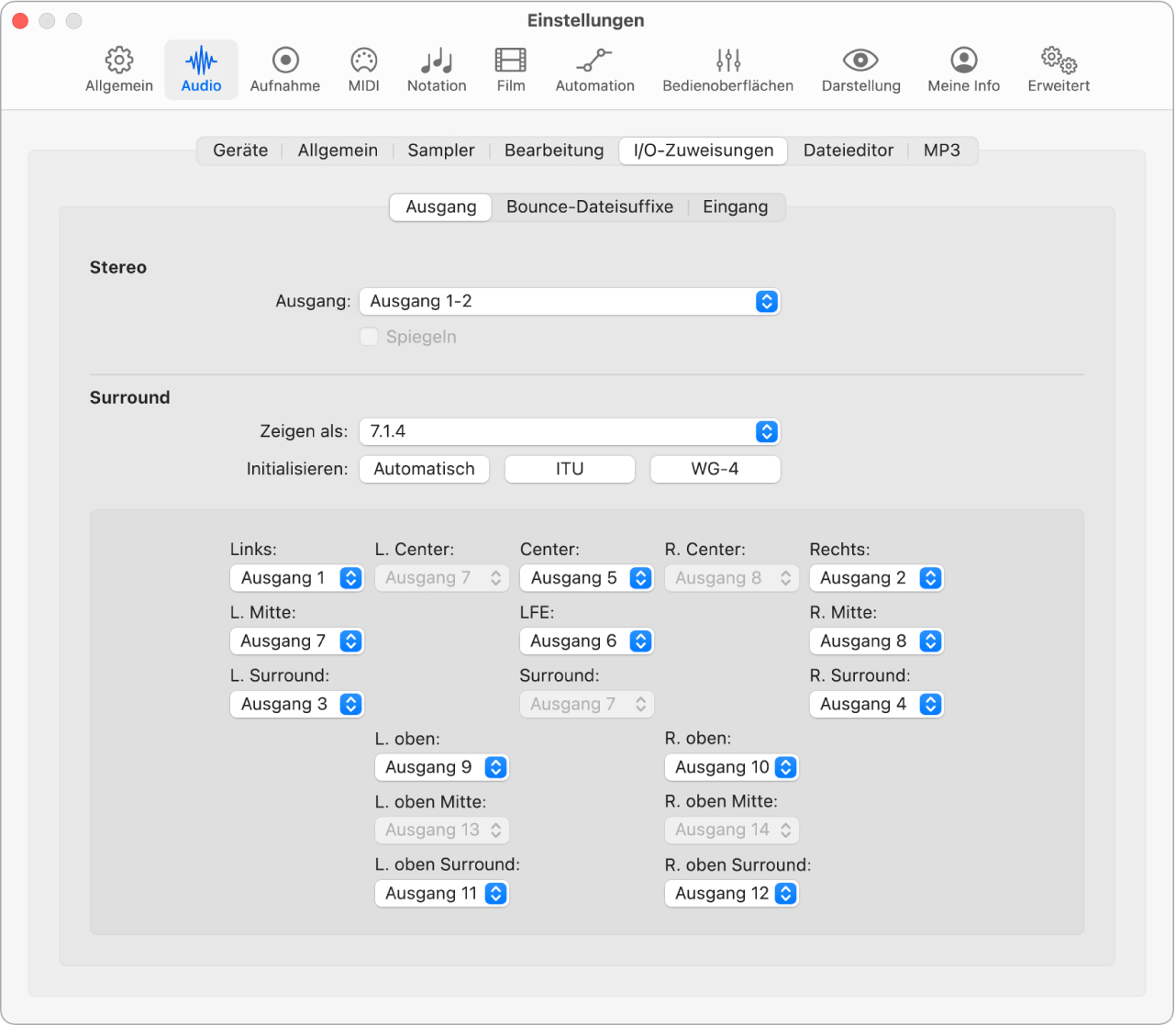 Abbildung. Bereich „I/O-Zuweisungen“ in den Audio-Einstellungen