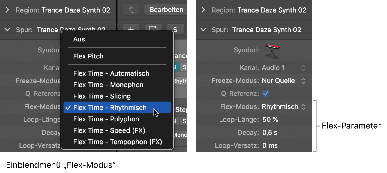 Abbildung. Informationsfenster „Spur“ mit Flex-Algorithmen und Parametern