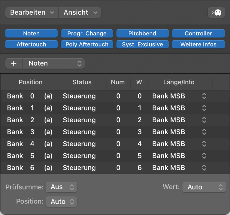 Abbildung. Fenster „Event-Liste“ mit Anzeige von eigenen Bank Select-Befehlen