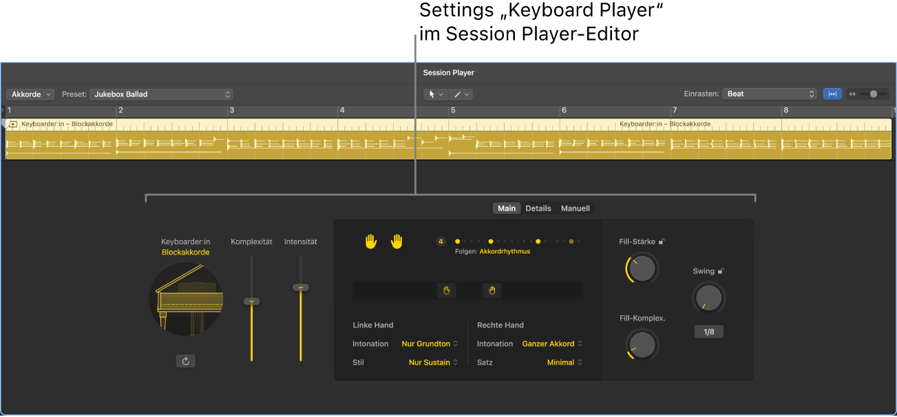 Abbildung. Der Session Player-Editor mit dem Session Player „Bass“.