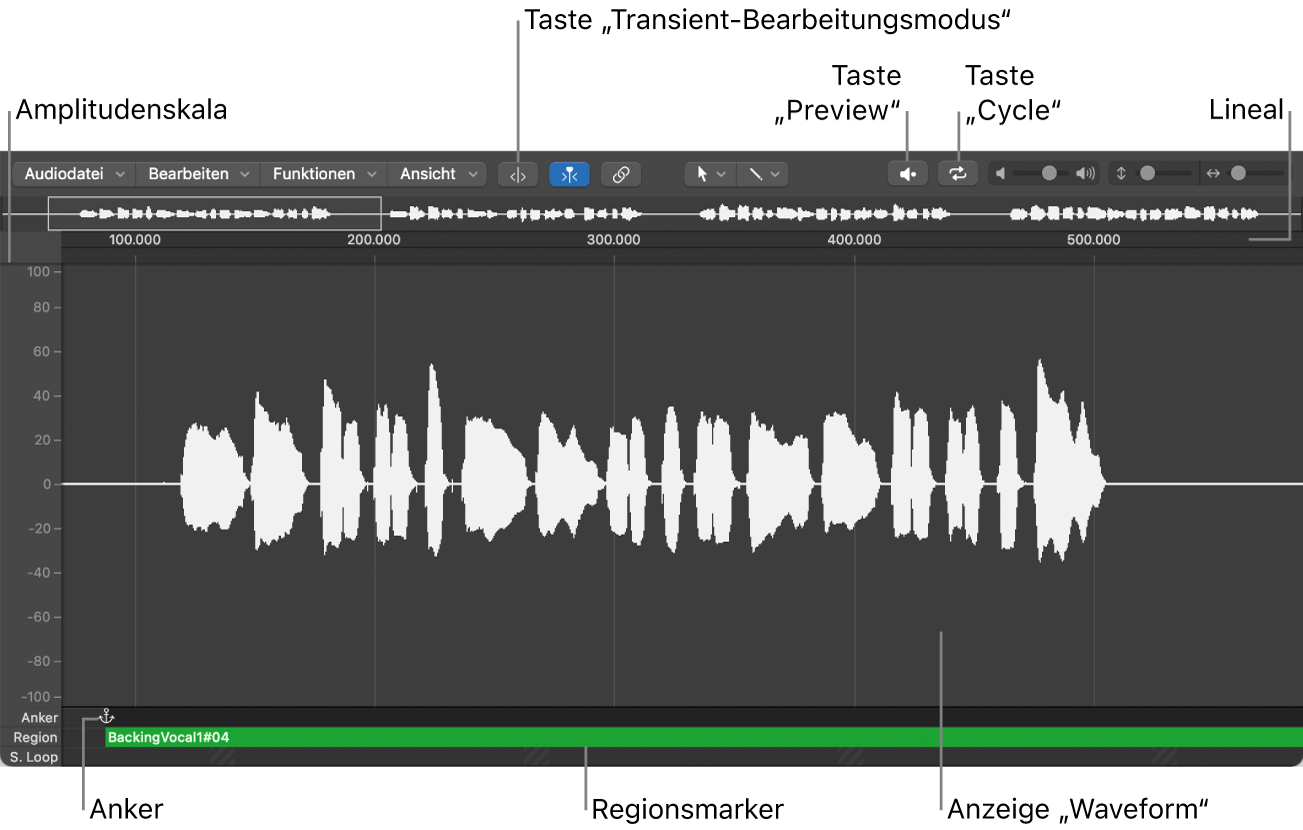 Abbildung. Audiodateieditor mit Hauptelementen