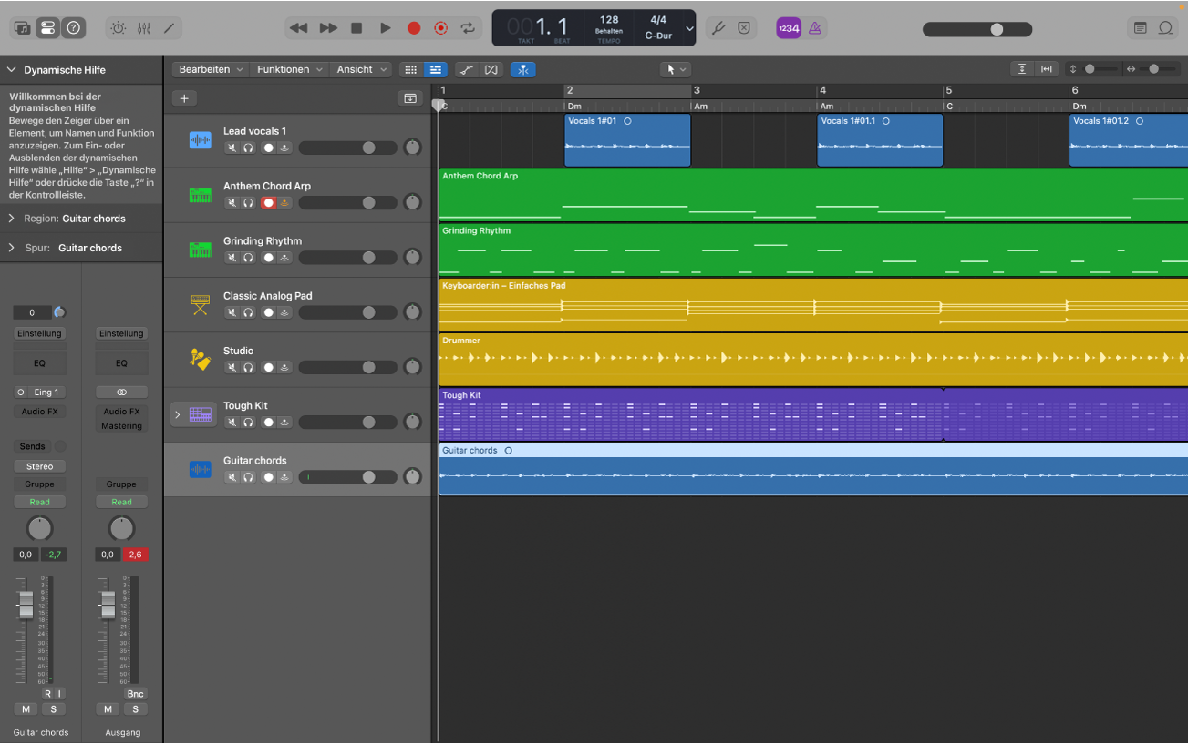 Abbildung. Der Bereich „Spuren“ mit den Audio-, Software-Instrument- und Session Player-Regionen