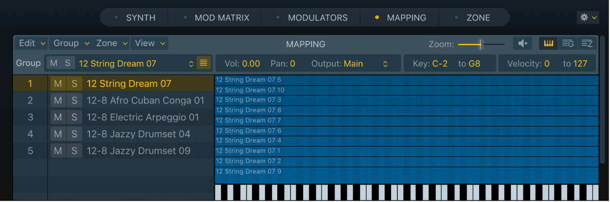 Abbildung. Key Mapping Editor mit mehreren Gruppen, die mittels Drag & Drop und der Methode „Optimized – Zone per Note“ importiert wurden. Die ausgewählte Gruppe umfasst mehrere Audiodateien.