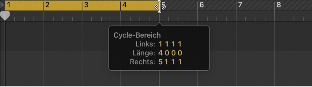 Abbildung. Bewegen des rechten Locator-Punkts. Der Info-Text zeigt den Umfang und die Länge des Cycle-Bereichs an.