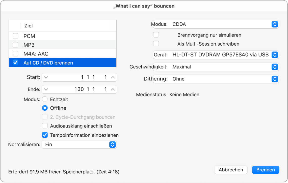 Abbildung. Optionen zum Brennen im Bounce-Fenster