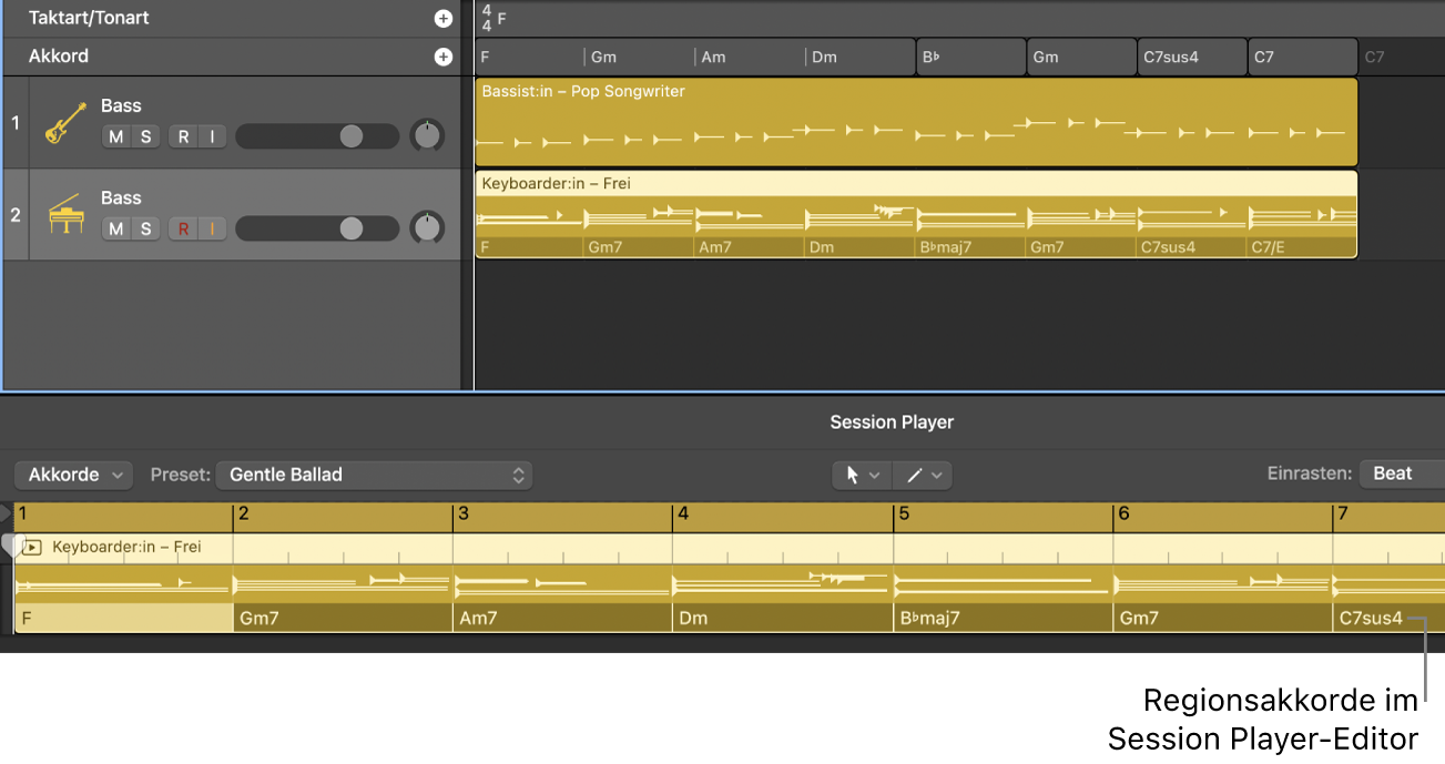 Abbildung. Projekt mit einer Session Player-Region mit Regionsakkorden im Session Player-Editor