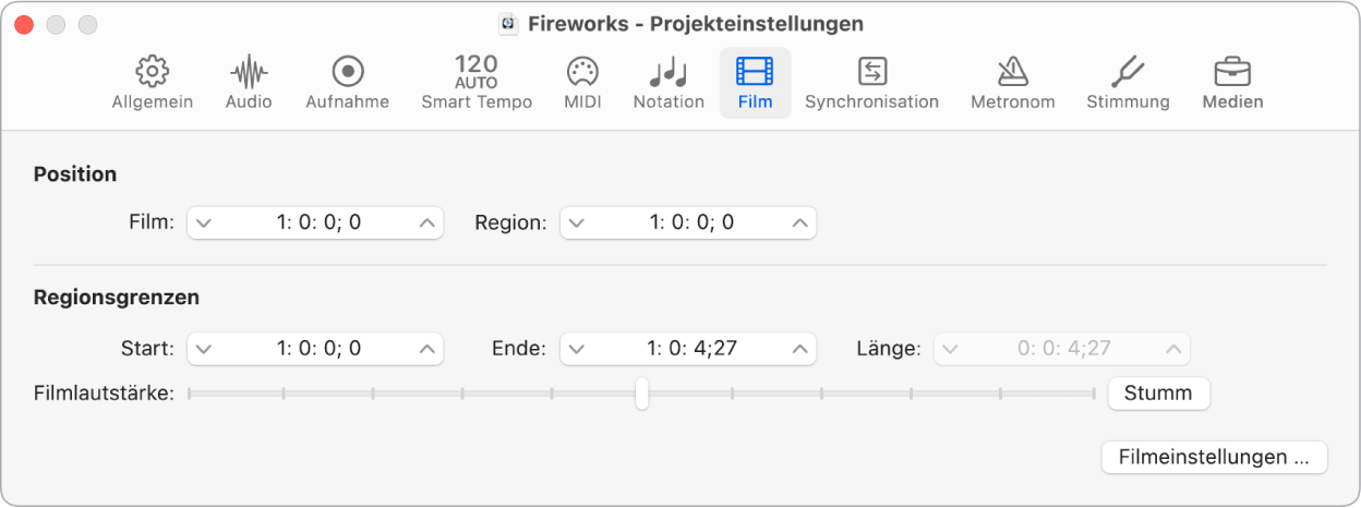 Abbildung. Projekteinstellungen „Film“.