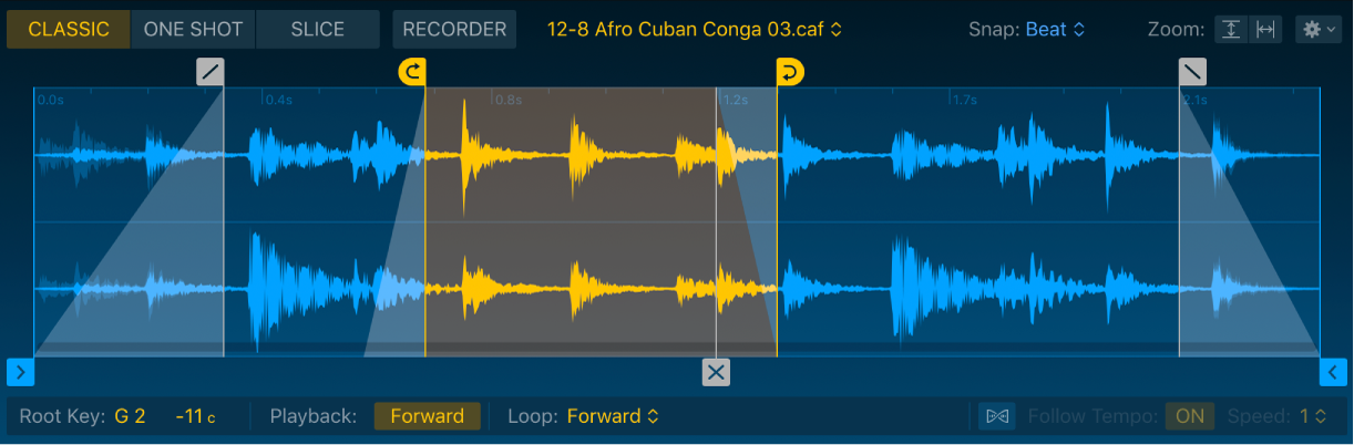 Abbildung. Die Wellenformanzeige des Quick Sampler-Modus „Classic“ zeigt Start- und Ende-Marker, Loop-Start- und Loop-Ende-Marker sowie eine Loop-Region, einen Crossfade-Marker und zugehörige Parameter des Modus „Classic“.