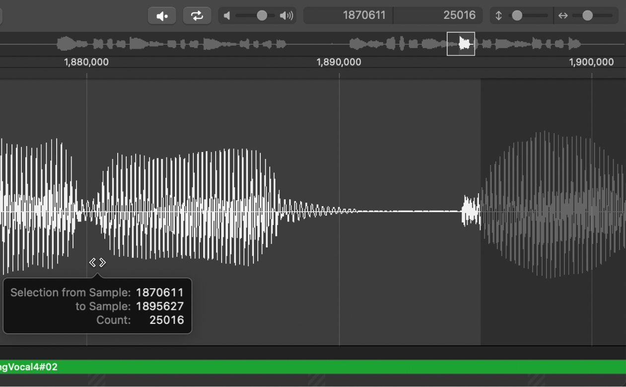 Figure. Audio File Editor selection with two-headed arrow over the center.