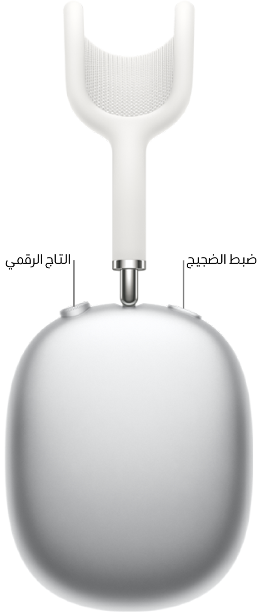 موضع التاج الرقمي وزر ضبط الضجيج على الطرف العلوي لسماعة الرأس اليمنى على AirPods Max.