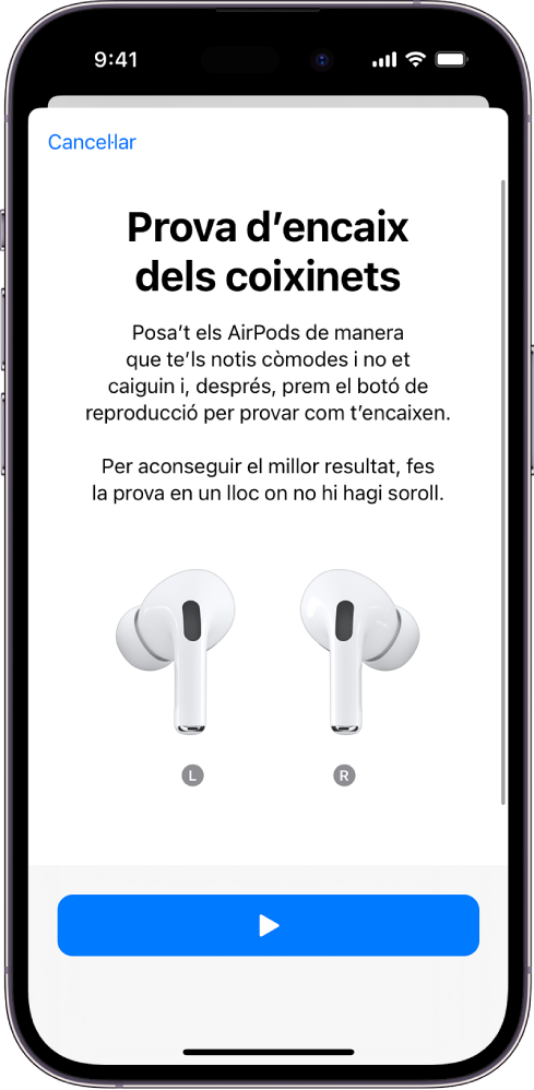 Pantalla de l’iPhone que mostra la prova d’encaix de coixinets dels AirPods Pro (1a generació).