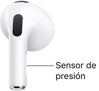 La ubicación del sensor de presión en los AirPods (3.ª generación), a lo largo de la parte cilíndrica de cada uno de los AirPods.