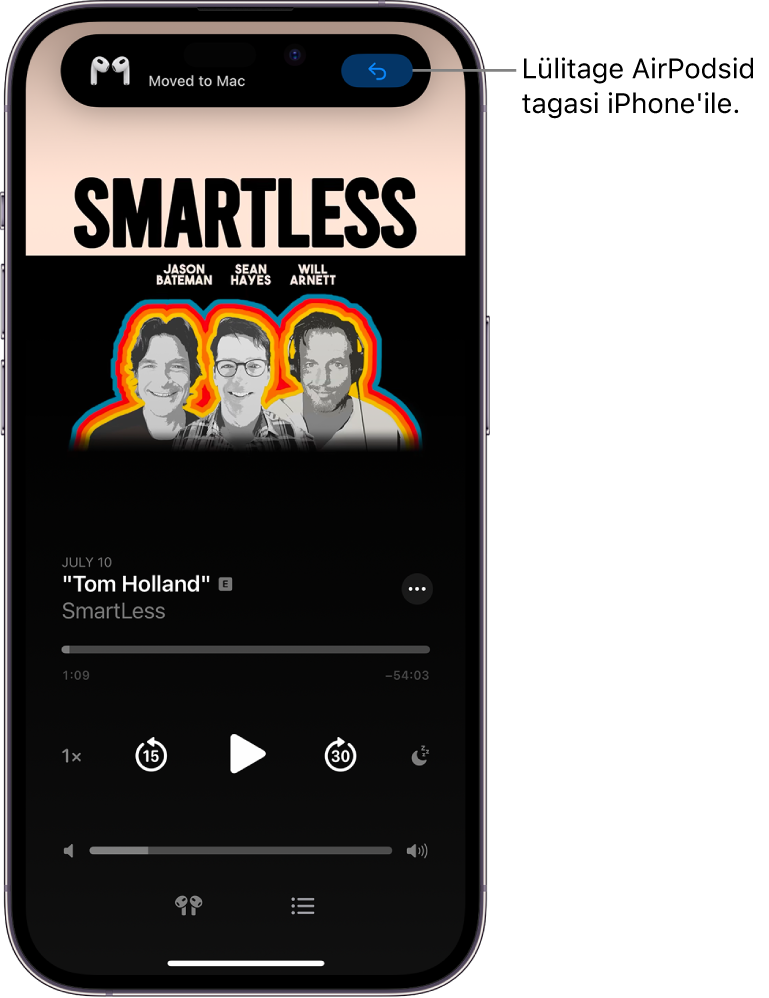 iPhone'i Lock Screen-kuva ülaosas sõnumiga “Moved to Mac” ning nupuga AirPodside lülitamiseks tagasi iPhone'ile.