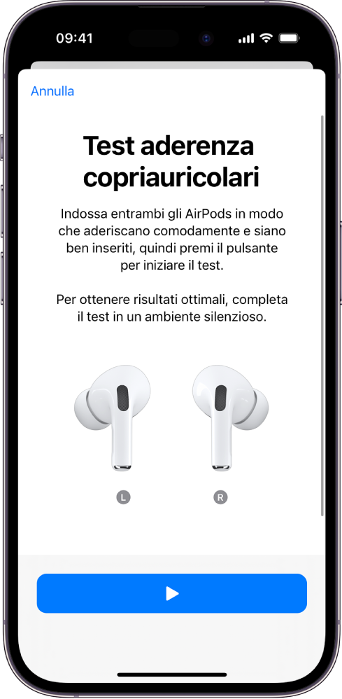 Schermata di iPhone che mostra il test di aderenza dei copriauricolari per gli AirPods Pro (prima generazione).