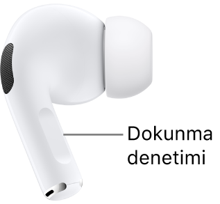 AirPods Pro’nuzun herhangi birinin (2. nesil) dokunma denetiminin konumu, AirPods’un her iki tekinde de sapın devamında.