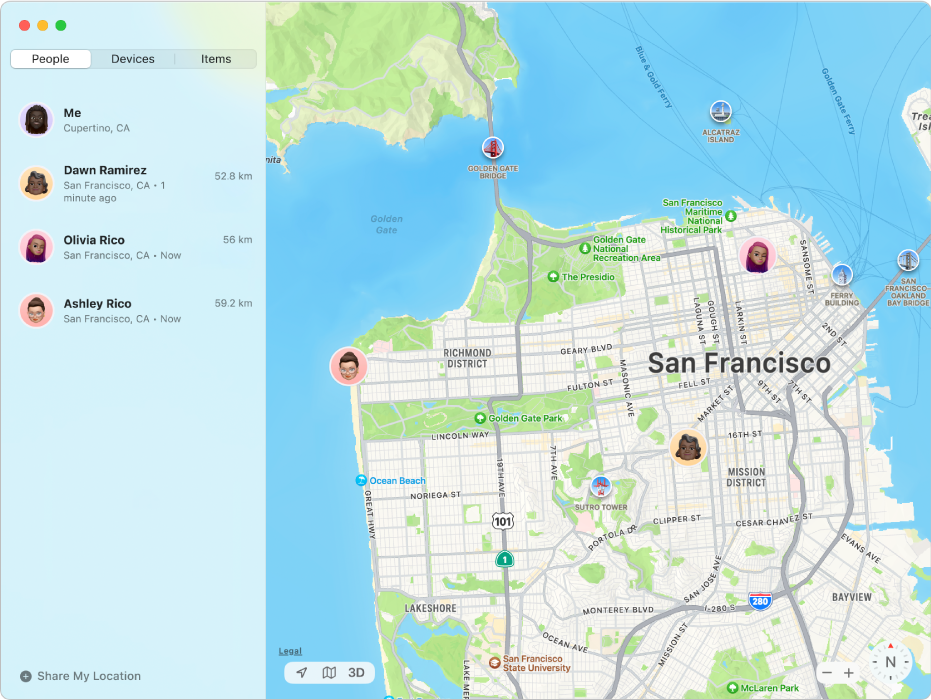 The Find My app showing a list of friends in the sidebar and their locations on a map on the right.