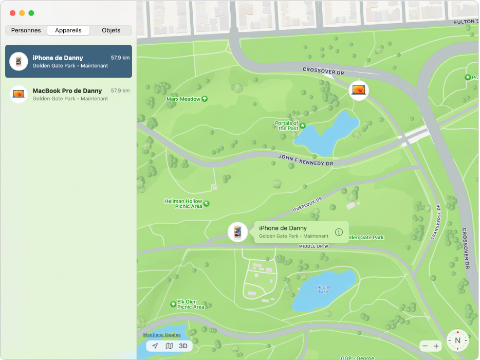L’app Localiser affichant une liste d’appareils dans la barre latérale et leur position sur un plan sur la droite.