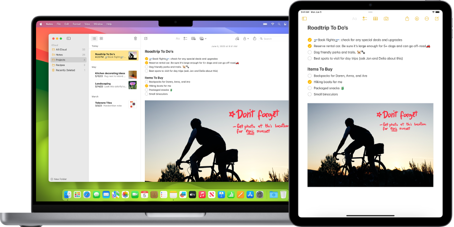 كمبيوتر Mac وجهاز iPad يعرضان الملاحظة ذاتها من iCloud.