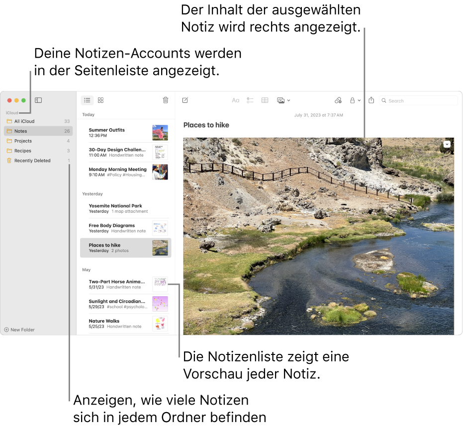 Das Fenster der App „Notizen“ mit allen konfigurierten Accounts und Ordnern in der Seitenleiste links, mit einer Liste von Notizen inklusive einer Vorschau jeder Notiz in der Mitte und dem Inhalt der aktuell ausgewählten Notiz rechts. Neben jedem Ordner wird die Anzahl der darin enthaltenen Notizen angezeigt.
