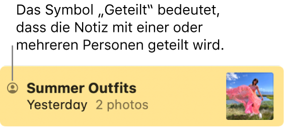 Eine Notiz, die mit anderen Personen geteilt wurde, mit dem Freigabe-Symbol links neben dem Namen der Notiz.