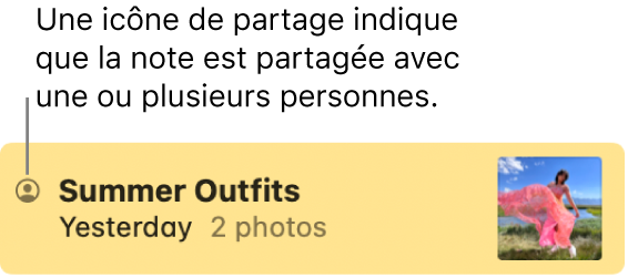 Une note partagée avec d’autres personnes, avec l’icône de partage à gauche du nom de la note.