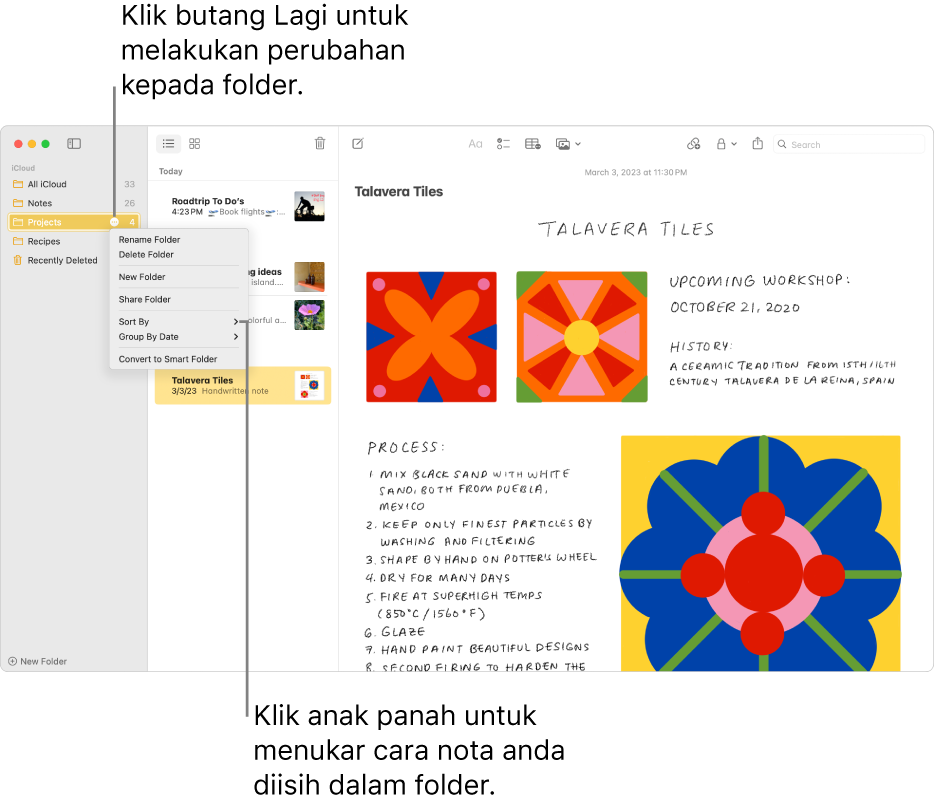 Tetingkap Nota dengan satu folder dalam bar sisi menunjukkan butang Lagi yang anda boleh membuat perubahan pada folder. Di atas senarai nota di bahagian tengah ialah pilihan isih, yang menukar tertib nota—klik anak panah untuk memilih tertib isih berbeza.