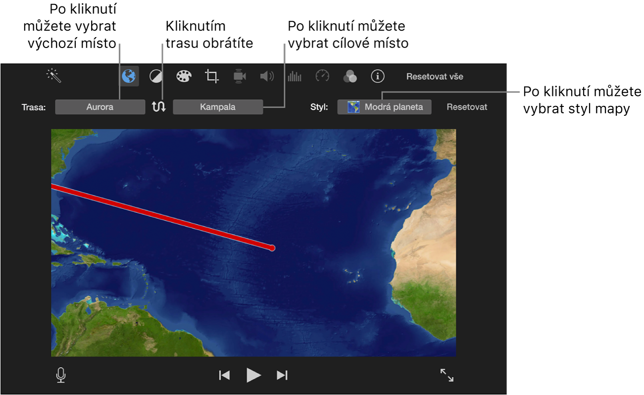 Ovládací prvky animované cestovní mapy nad prohlížečem s možností nastavit počáteční a cílové místo, obrátit směr cesty a vybrat styl mapy