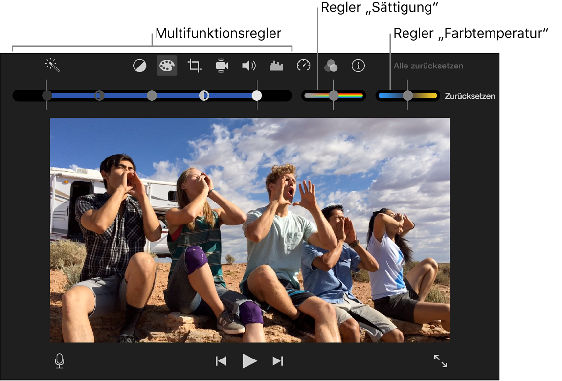 Steuerungen für die Farbkorrektur mit der Multislider-Steuerung und den Schiebereglern „Sättigung“ und „Farbtemperatur“