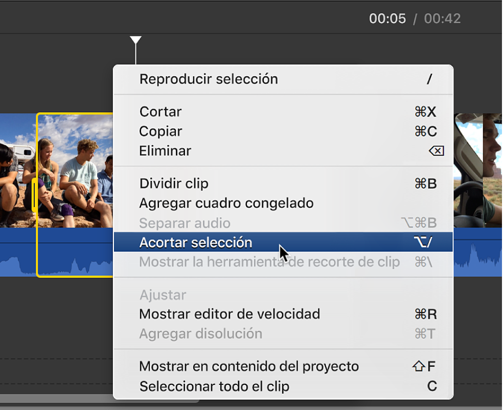 Se está seleccionando la opción Acortar selección en el menú de función rápida en la línea de tiempo
