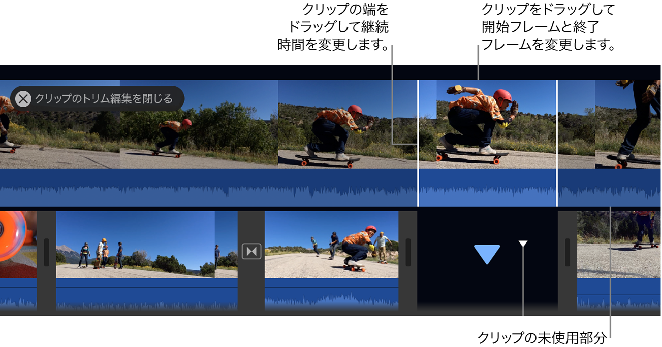 タイムラインに表示されたクリップのトリム編集（クリップの端が表示され、未使用の部分は淡色表示になっています）