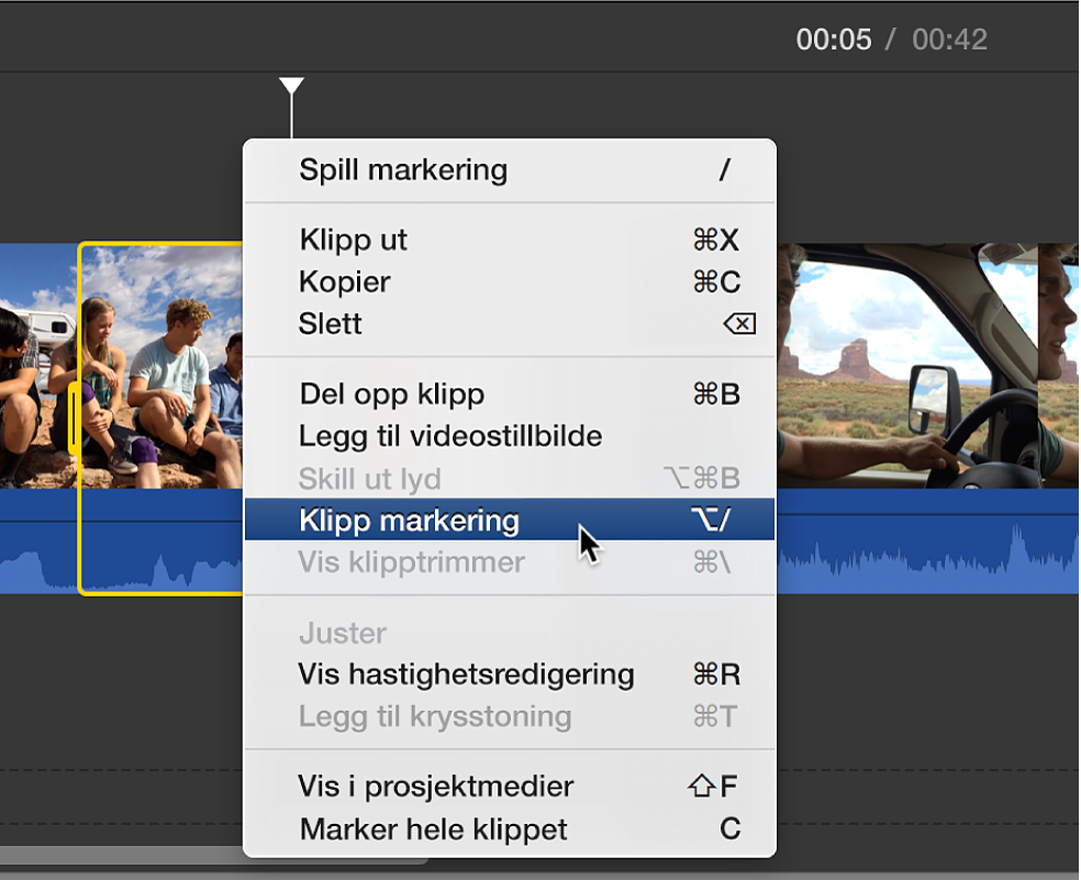 Klippmarkering som velges fra kontekstmenyen i tidslinjen