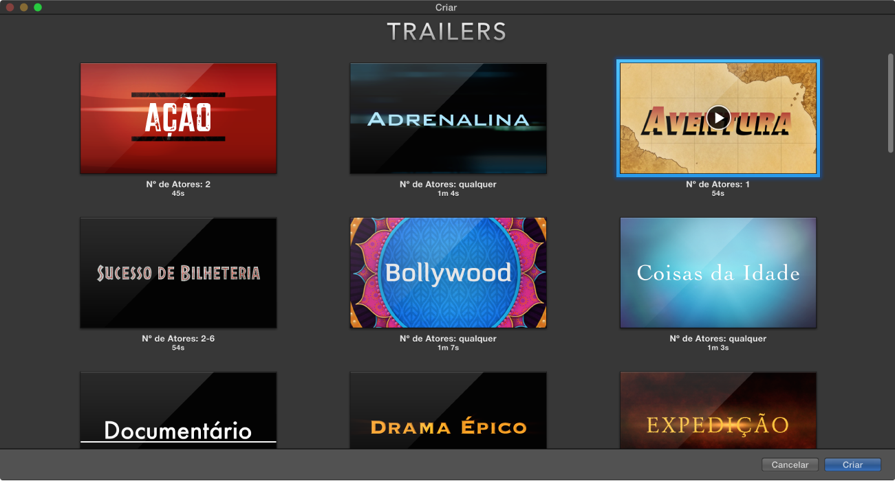 Janela Criar mostrando pré-visualizações de trailers