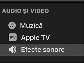 Opțiunea Efecte sonore selectată în bara laterală