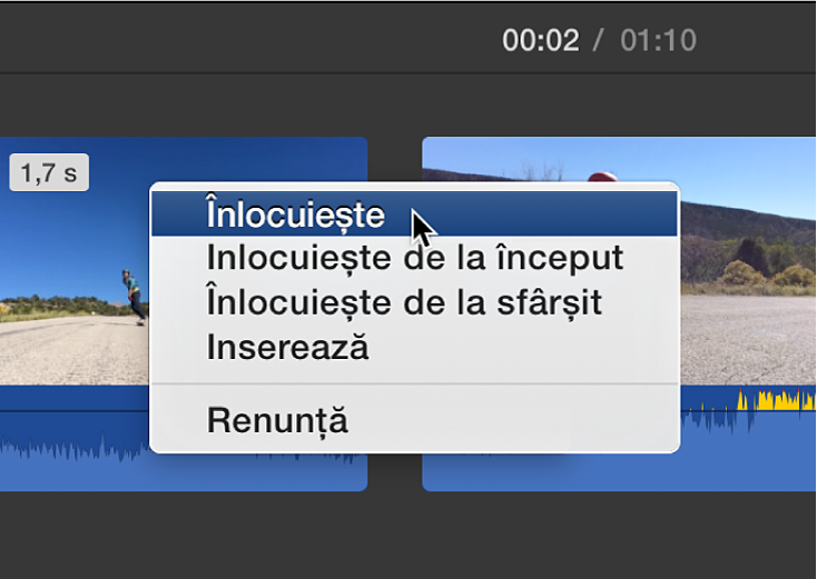 Meniu în cronologie care afișează opțiunile de înlocuire a clipurilor