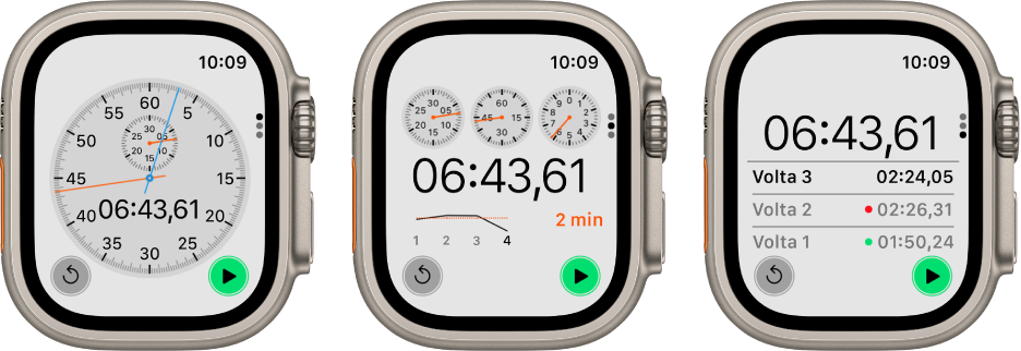 Tres tipus de cronòmetres de l’app Cronòmetre: Un cronòmetre analògic, un cronòmetre híbrid que mostra l’hora tant en analògic com en digital i un cronòmetre digital amb comptador de voltes. Cada cronòmetre té un botó per iniciar i per restablir.