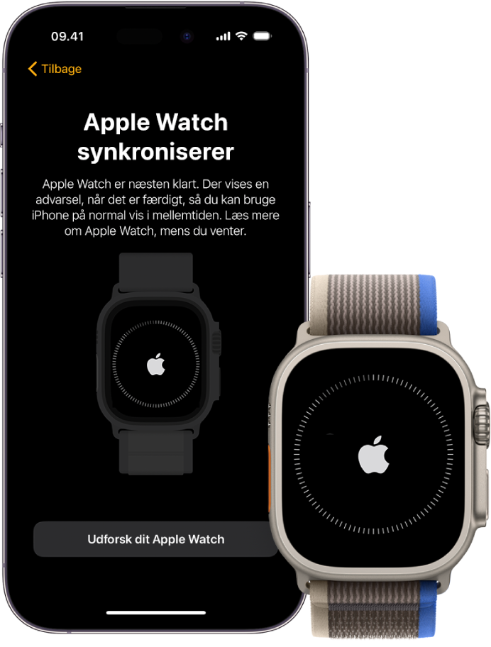 En iPhone og et Apple Watch med skærme, der synkroniseres.